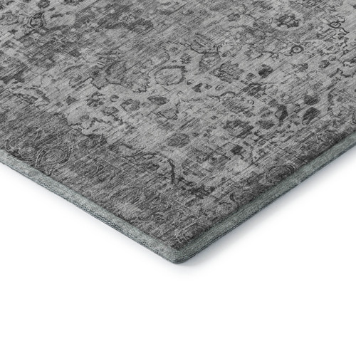 8' Gray And Silver Oriental Washable Round Rug With UV Protection