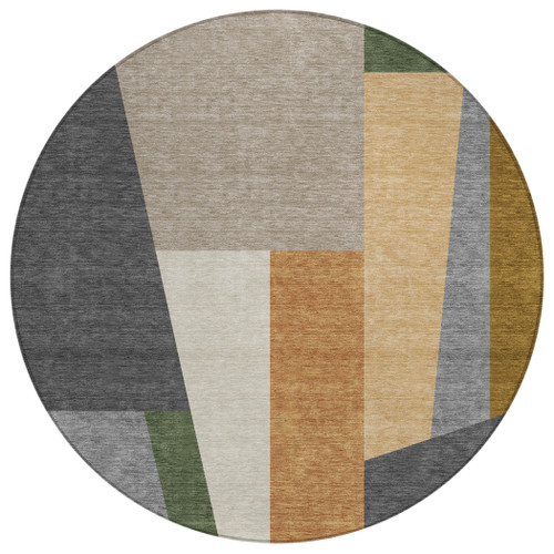 8' Gray And Taupe Round Geometric Washable Indoor Outdoor Area Rug
