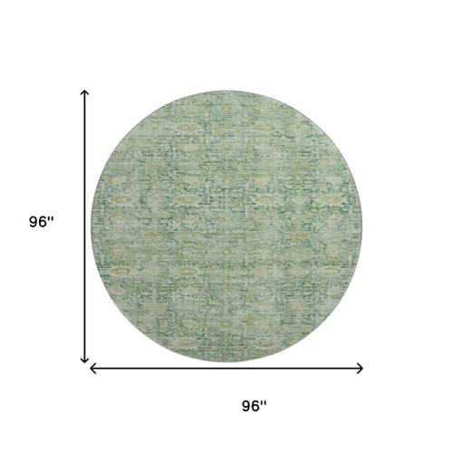8' Artichoke Green And Teal Oriental Washable Round Rug With UV Protection