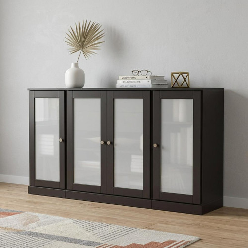 65" Black Solid Wood Two Drawer Sideboard With Four Glass Doors
