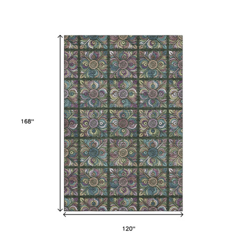 10' X 14' Fern Green Purple And Teal Medallion Washable Area Rug With UV Protection