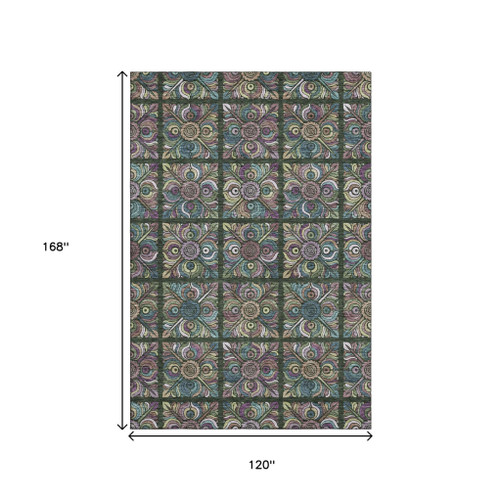 10' X 14' Fern Green Purple And Teal Medallion Washable Area Rug With UV Protection