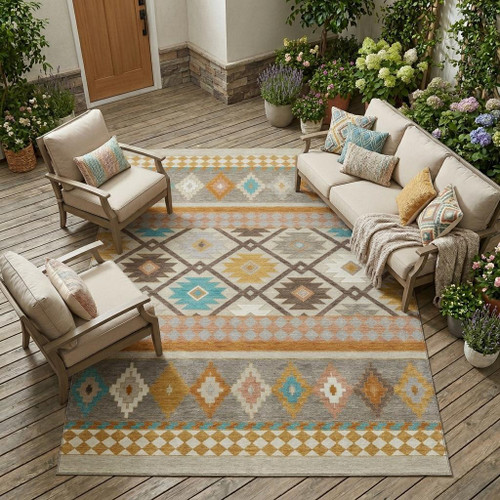 10' X 14' Beige And Orange Southwestern Washable Indoor Outdoor Area Rug