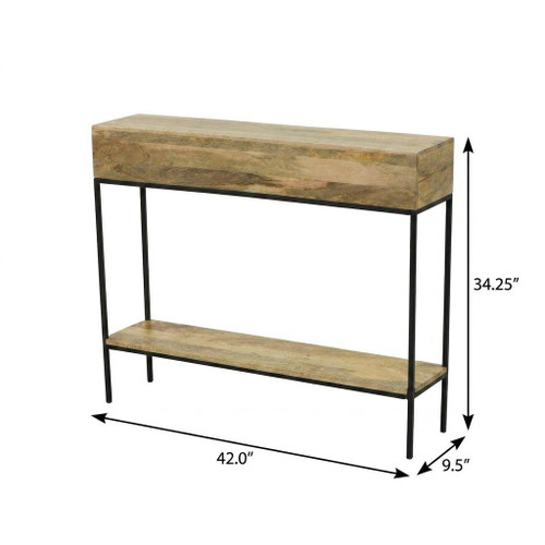42" Natural and Black Solid Wood and Iron Console Table With Shelf