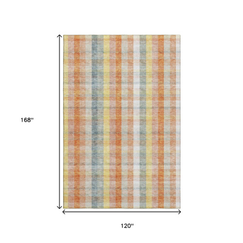 10' X 14' Peach Ivory And Yellow Plaid Washable Area Rug With UV Protection