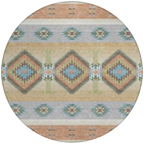 8' Copper And Silver Round Southwestern Washable Indoor Outdoor Area Rug