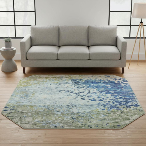 8' Blue Green And Beige Abstract Washable Round Rug With UV Protection