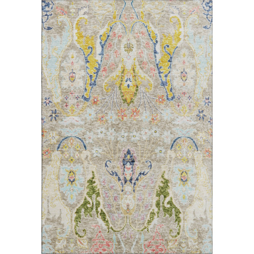 5' X 8' Beige Blue And Gold Floral Washable Area Rug With UV Protection