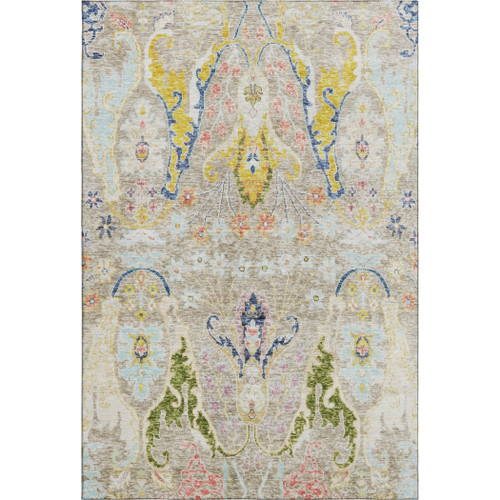 5' X 8' Beige Blue And Gold Floral Washable Area Rug With UV Protection