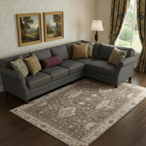 9' X 12' Brown And Beige Oriental Washable Area Rug With UV Protection
