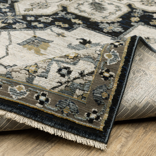 10' X 13' Blue Gray And Ivory Medallion Area Rug With Fringe