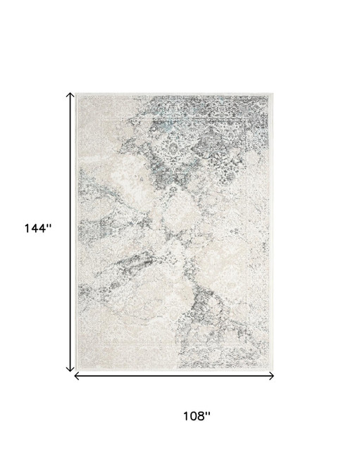 9' X 12' Cream And Blue Damask Area Rug