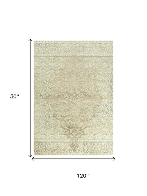 10' Beige And Natural New Zealand Lambs Wool Medallion Hand Carved Handmade Area Rug