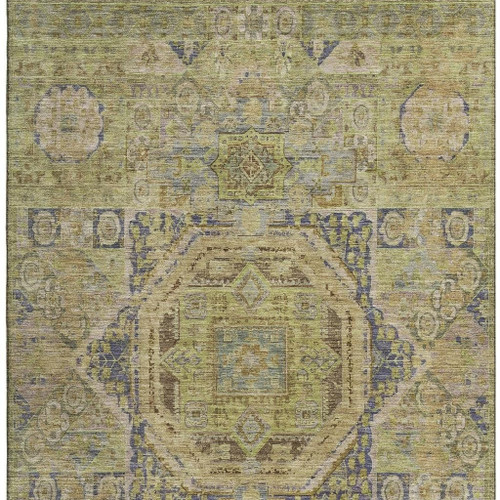 9' X 12' Artichoke Green And Blue Oriental Washable Area Rug With UV Protection