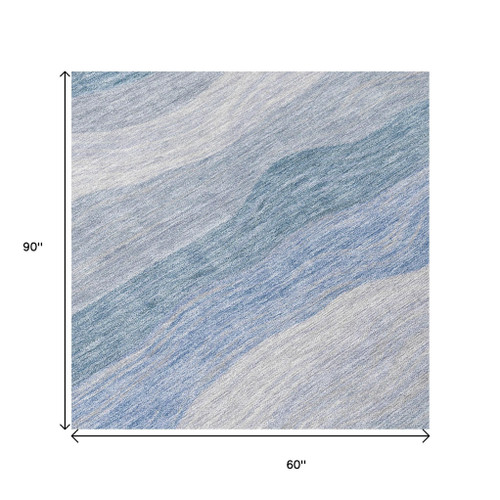 5' X 8' Denim Blue Ivory And Gray Striped Washable Indoor Outdoor Area Rug