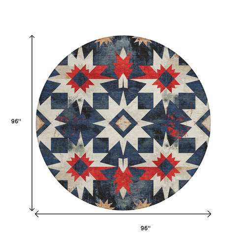 8' Navy Blue And Red Round Aztec Washable Indoor Outdoor Area Rug