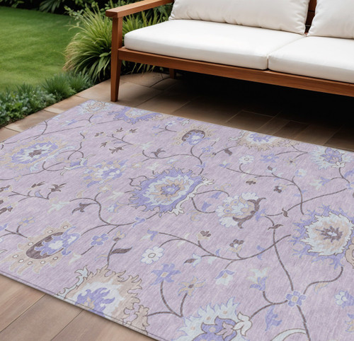 8' X 10' Blush Lavender And Beige Floral Washable Indoor Outdoor Area Rug