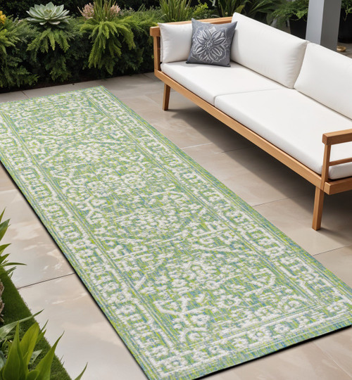 10' Cream And Green Medallion Indoor Outdoor Runner Rug