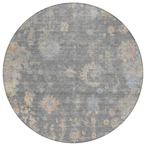8' Gray And Beige Round Floral Washable Indoor Outdoor Area Rug