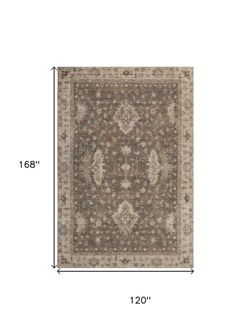 10' X 14' Brown And Beige Oriental Washable Area Rug With UV Protection