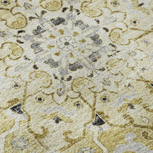 9' X 12' Gold Ivory And Blue Floral Medallion Distressed Washable Area Rug With UV Protection