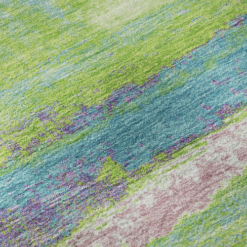 8' Lime Green Blue And Pink Abstract Washable Round Rug With UV Protection