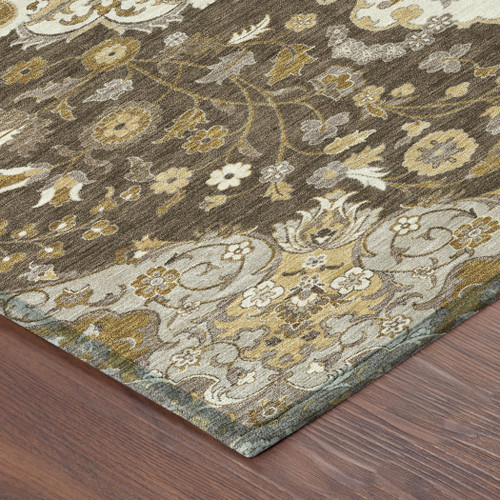 8' Chocolate And Brown Round Damask Washable Indoor Outdoor Area Rug