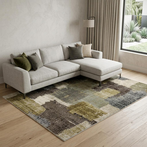 7' X 9' Green And Brown Abstract Area Rug