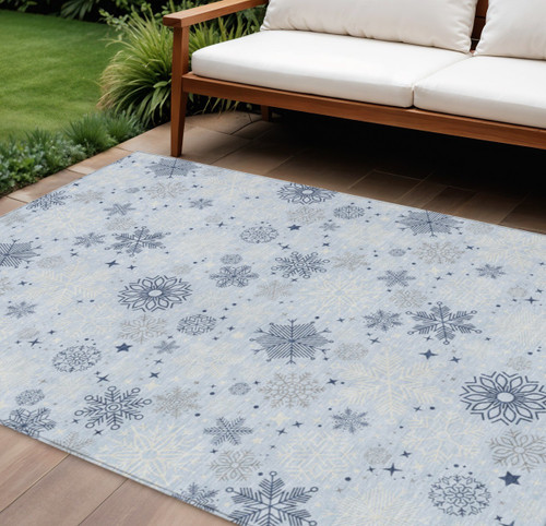 9' X 12' Sky Blue Navy Blue And Ivory Snowflake Washable Indoor Outdoor Area Rug