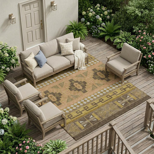 9' X 12' Chocolate And Olive Green Tribal Washable Indoor Outdoor Area Rug