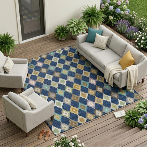 9' X 12' Navy Blue And Chocolate Aztec Washable Indoor Outdoor Area Rug