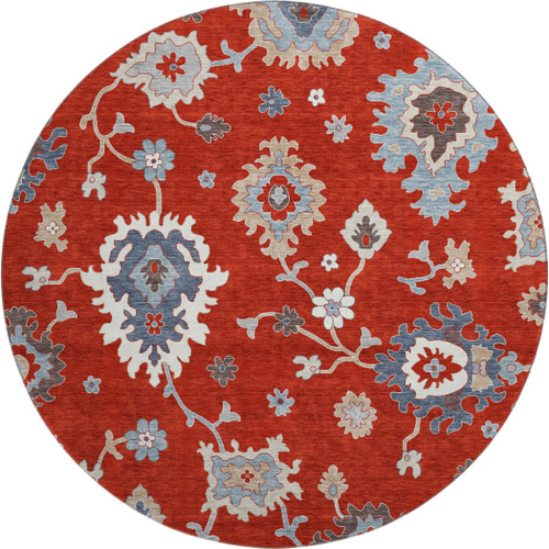 8' Red Gray And Ivory Floral Medallion Washable Round Rug With UV Protection