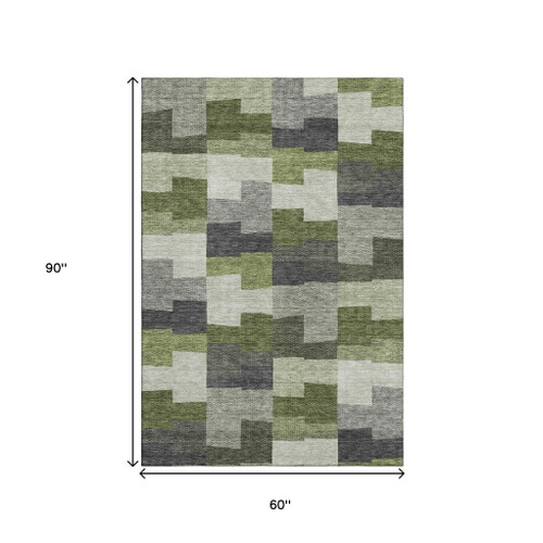5' X 8' Olive Green Gray And Ivory Geometric Washable Area Rug With UV Protection