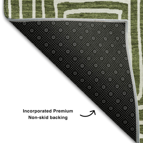 10' X 14' Olive Green And Ivory Geometric Washable Area Rug With UV Protection