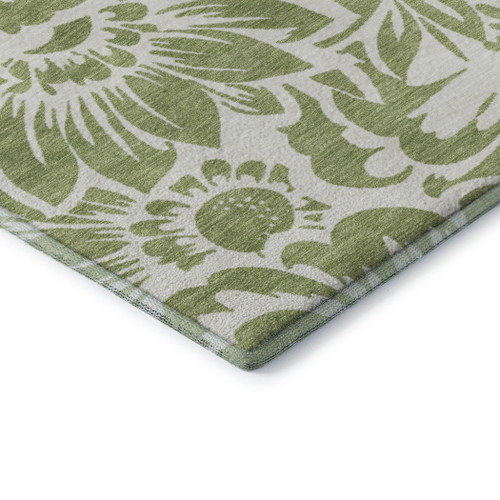 5' X 8' Fern Green And Ivory Floral Washable Area Rug With UV Protection