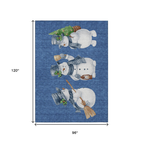 8' X 10' Navy Blue Denim Blue And Ivory Snowmen Washable Indoor Outdoor Area Rug