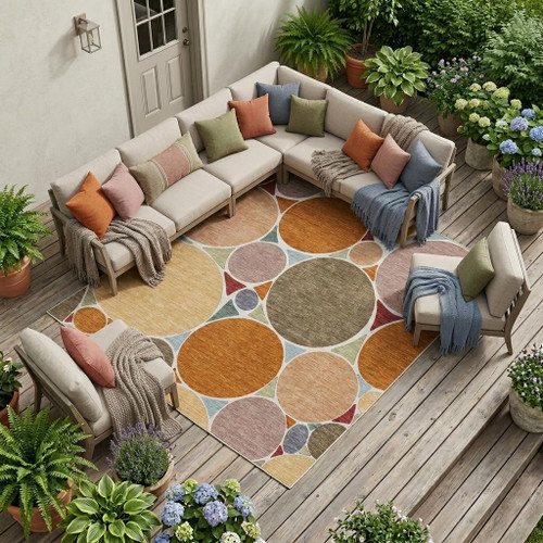 9' X 12' Orange And Copper Geometric Washable Indoor Outdoor Area Rug