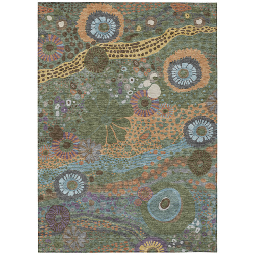 10' X 14' Green And Olive Green Floral Washable Indoor Outdoor Area Rug
