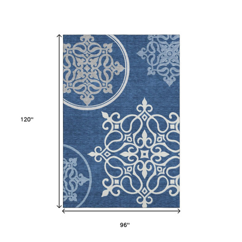 8' X 10' Navy Blue Ivory And Gray Floral Medallion Washable Area Rug With UV Protection