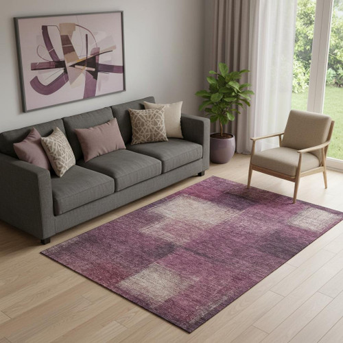 5' X 8' Plum And Beige Abstract Washable Area Rug With UV Protection