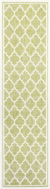 8' Green And Cream Geometric Indoor Outdoor Runner Rug