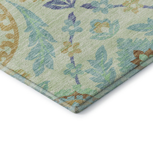 10' X 14' Mint Green Blue And Beige Floral Washable Area Rug With UV Protection