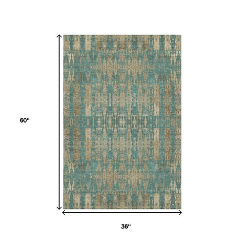 3' X 5' Teal And Beige Moroccan Washable Area Rug With UV Protection