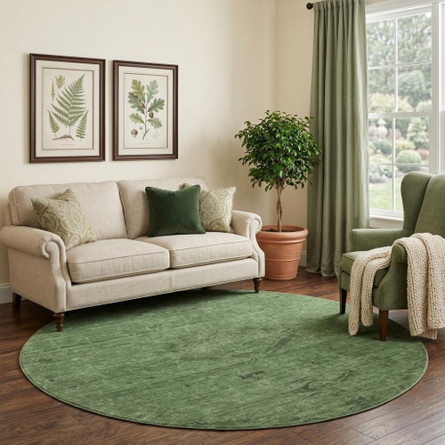 8' Fern Green And Emerald Medallion Washable Round Rug With UV Protection