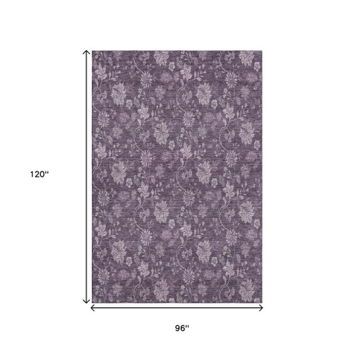 8' X 10' Plum And Ivory Floral Washable Area Rug With UV Protection