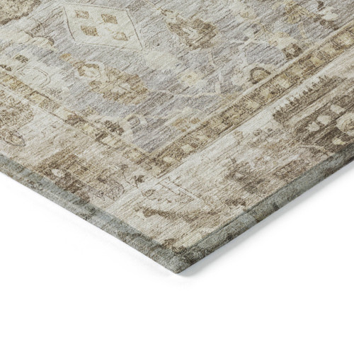 8' Taupe Brown And Ivory Round Oriental Washable Indoor Outdoor Area Rug