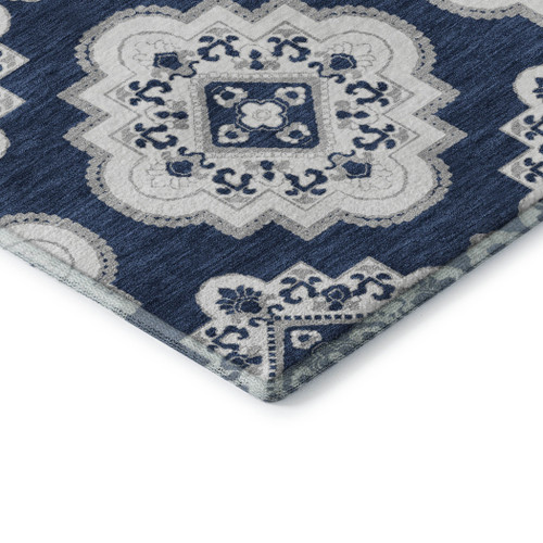 5' X 8' Navy Blue And Ivory Medallion Washable Area Rug With UV Protection