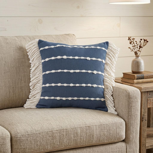 20" Blue And Ivory Striped Cotton Blend Throw Pillow Cover with Fringe Embroidery And Texture