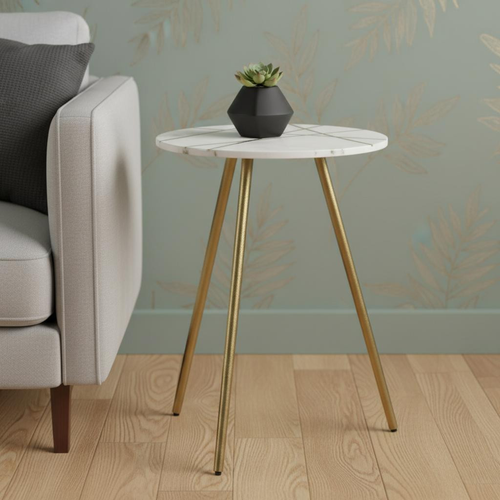 18" White and Gold Stone and Metal Tray Table