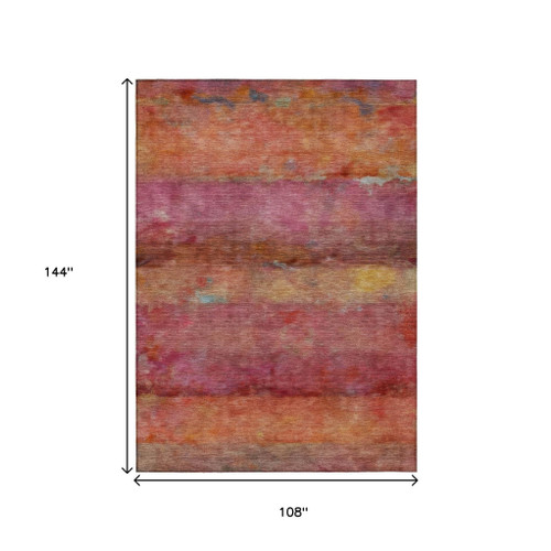 9' X 12' Pink Orange And Gold Abstract Washable Indoor Outdoor Area Rug